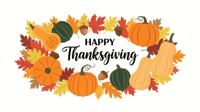 Vibrant autumn harvest frame with diverse pumpkins, gourds, and colorful fall leaves for a festive Happy Thanksgiving message
