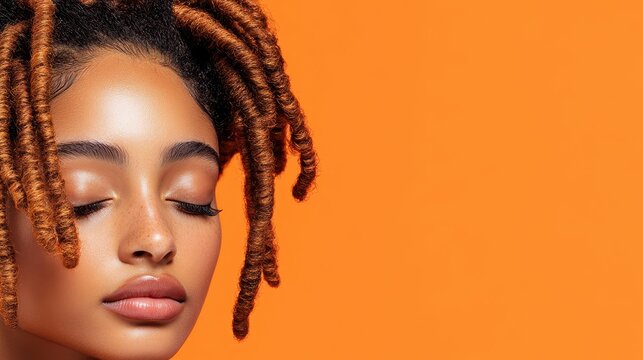 Close up portrait of a young woman with coily dreadlocks, serene expression, orange background, natural beauty.