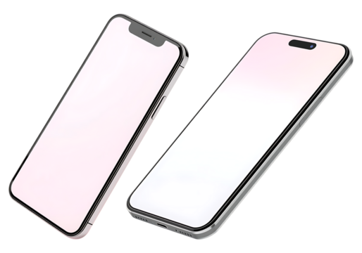 Two modern smartphones side by side isolated on transparent background