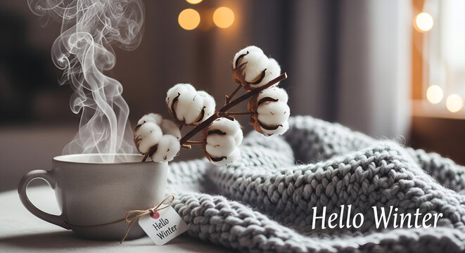 hello winter Cup of coffee with chocolate and coffee beans in a spa and wellness setting - Powered by Adobe