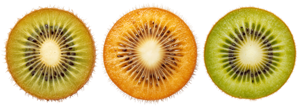 Three sliced kiwifruit varieties showing different flesh colors isolated on transparent background
