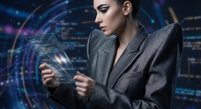 A woman wearing a stylish jacket interacts with a digital tablet