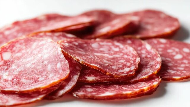 Video Fresh salami slices served on a clean white plate, perfect for appetizers or snacks
