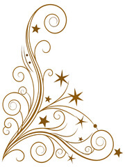 Delicate golden-brown filigree corner element with swirling tendrils and various star shapes on a white background.