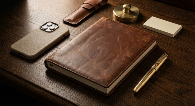 Leather journal pen phone and other wooden accessories on a wooden desk