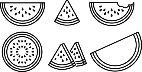 A simple vector icon set of various watermelon slices in a clean line art style. Collection of summer fruit graphic design elements for healthy eating