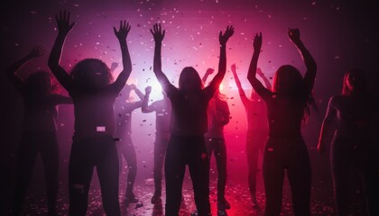 Crowd of silhouetted young people dancing with hands raised under falling confetti at a vibrant music festival concert with dramatic pink and purple stage lighting