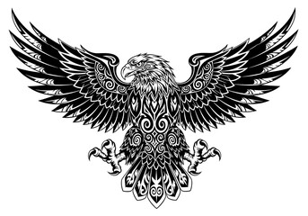 Obraz premium Majestic Eagle with Intricate Tribal Tattoo Design in Black and White.