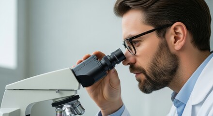Focused male scientist with a beard and glasses looks intently into a professional microscope eyepiece during a research experiment in a modern, bright laboratory