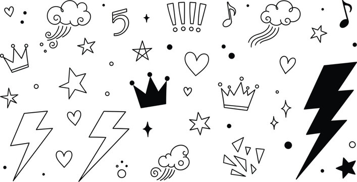 Black and white doodle elements including stars, crowns, lightning bolts, clouds, hearts, musical notes, and exclamation points