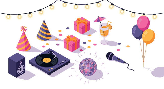 Colorful party elements in festive isometric design with gifts and decorations