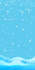 Realistic cartoon snow hills with falling snowflakes and blue sky vertical background. Winter vertical landscape design element with blue snow. Minimal nature composition snowy fields and falling snow