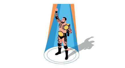 Fototapeta premium Champion wrestler celebrating victory in spotlight with championship belt