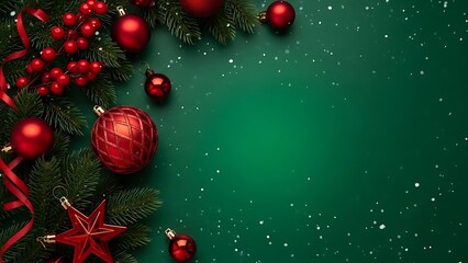 Elegant holiday backdrop featuring lush evergreen boughs shiny red baubles and soft falling snow