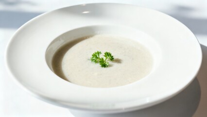Creamy white soup garnished with fresh green herbs in a wide white bowl
