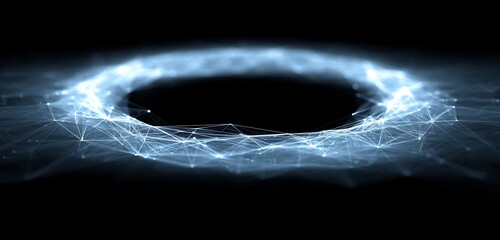 Abstract glowing polygonal ring network floating in pitch dark space