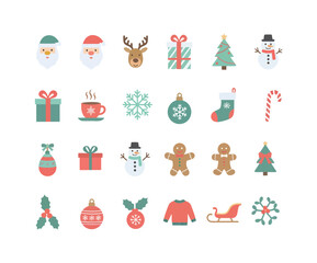 Set of Cute Christmas Icons in Flat Vector Style - Holiday Illustration Collection of Santa Claus, Reindeer, and Winter Elements on White Backgroundps