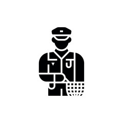 Black silhouette of fisherman in uniform holding a net with transparent background