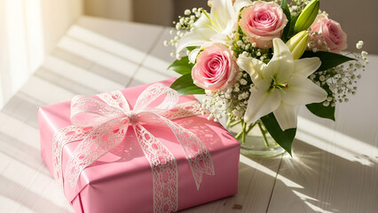 Pink gift box with ribbon and bouquet of roses for Mother's Day