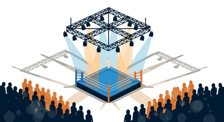Isometric boxing ring with illuminated arena and silhouette crowd scene
