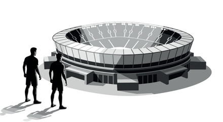 Monochrome silhouette of large architectural arena with two figures for sports events