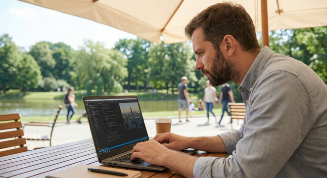 Man uses laptop at park focusing on work while surrounded by nature and people