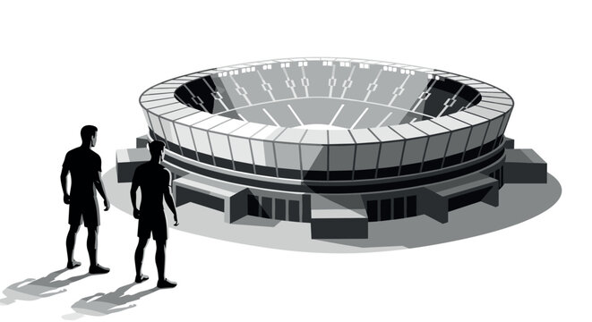 Monochrome silhouette of large architectural arena with two figures for sports events