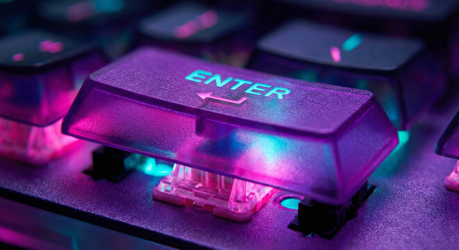 This showcases a vibrant neon enter button glowing with bright lights at night