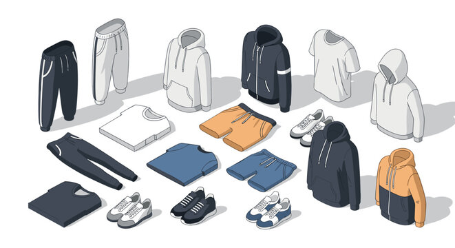 Isometric casual clothing set with hoodies, t-shirts, joggers, and sneakers on white background