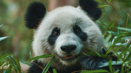Obraz premium Close up shot of a giant panda bear eating bamboo leaves in a green forest environment