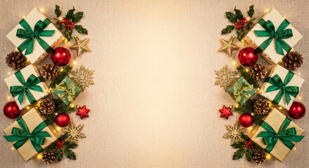 Christmas holiday background with green gift bows, red ornaments, pinecones and golden decorations forming a festive border on warm beige backdrop  