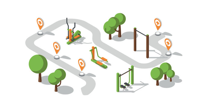 Outdoor fitness park with exercise equipment and nature elements in isometric design