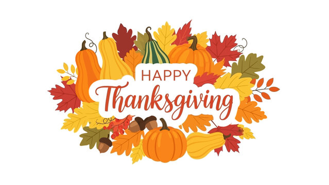 Happy Thanksgiving Festive Greeting Card with Autumn Leaves and Pumpkins