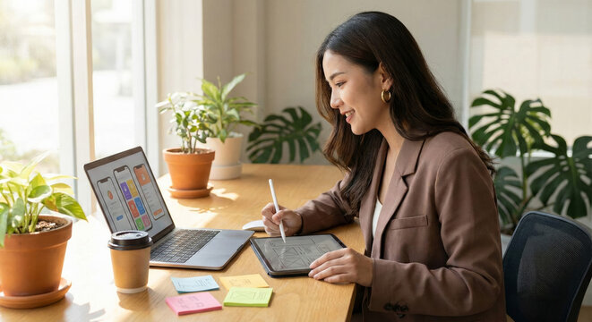 A young woman designs an app at her home laptop surrounded by plants and stationery