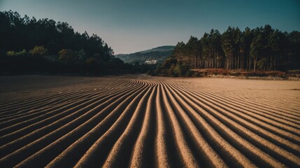 Full frame view of a ploughed field at dusk with furrows, green meadow and forest in the background, capturing a tranquil rural landscape, ideal for nature, agriculture and countryside themes