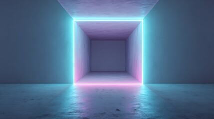 Abstract neon cube tunnel glowing brightly with dark shadowy edges