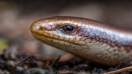 Obraz premium A close up of a slow worm's head showing its scales and eye in a natural setting with blurred background