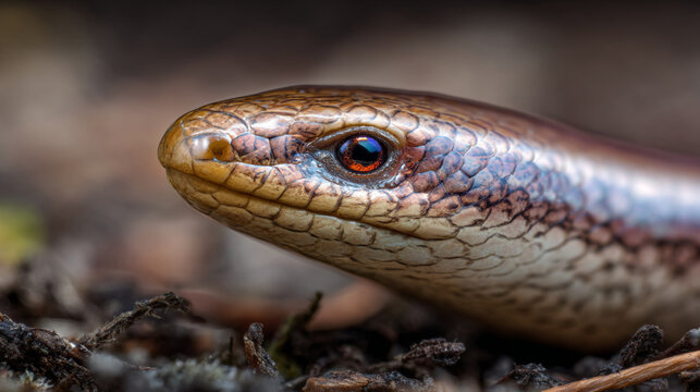 A close up of a slow worm's head showing its scales and eye in a natural setting with blurred background