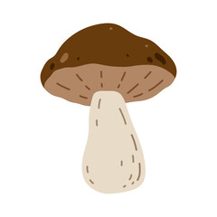 A brown mushroom isolated on a white background. Vector hand-drawn illustration in a flat style. Perfect for decorations, logo, autumn and forest themes, various designs.