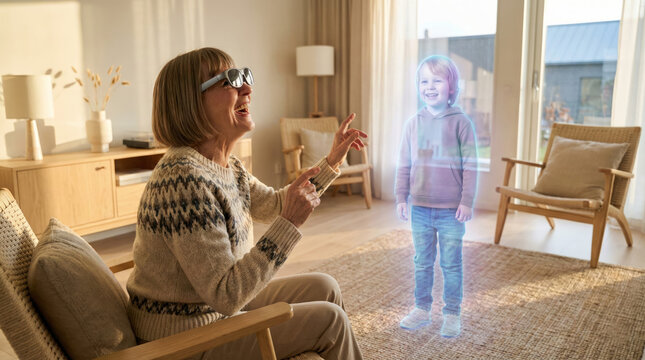 A boy wearing VR glasses interacts and laughs with a hologram at home
