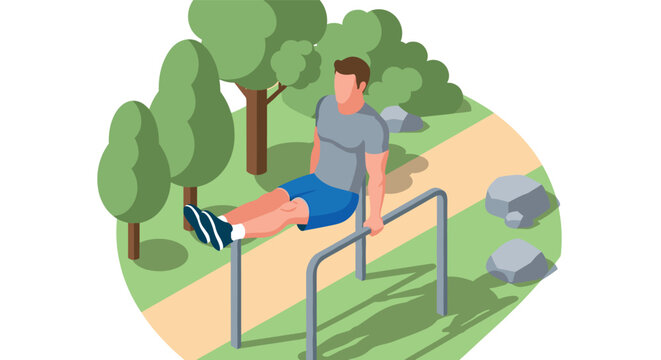 Isometric outdoor workout: man exercising on parallel bars in park setting