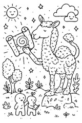 Fototapeta premium Cute Llama with Cat and Dog Friends in Garden Coloring Page for Kids Animal Friendship Activity Printable Line Art