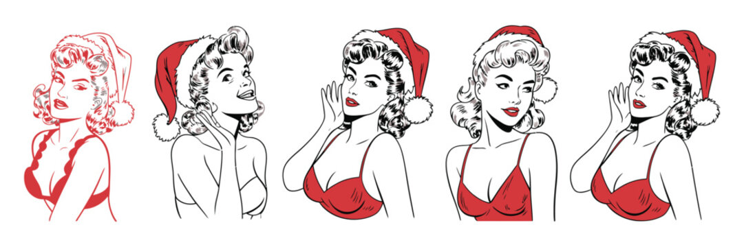 Christmas Pin-Up Girl Illustrations in Red Festive Outfits Featuring Retro Holiday Style Artwork for Seasonal Design and Creative Vintage Collections