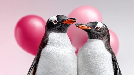 Obraz premium Two penguins are standing next to each other with a pink balloon in the background. Concept of love and affection between the penguins, as they are close to each other