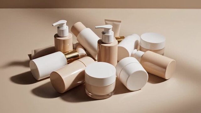 Neutral Toned Cosmetic and Skincare Product Containers Pile.