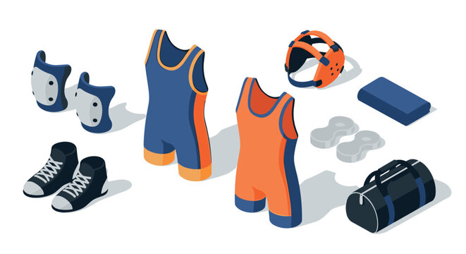Isometric wrestling gear set with shoes, protective pads, and sportswear