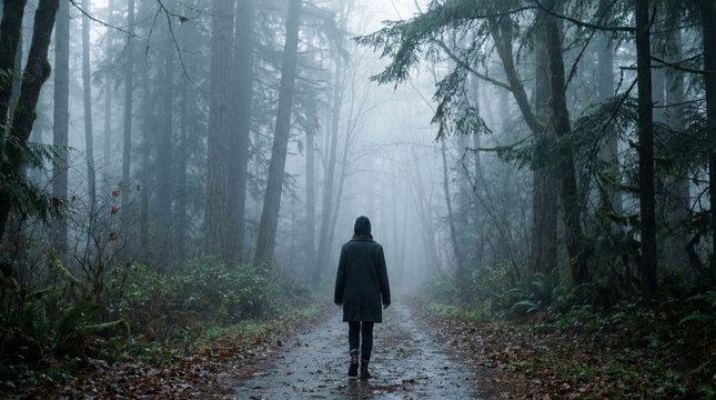A woman strolls through a foggy forest path surrounded by tall trees and greenery