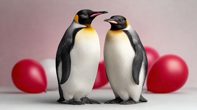 Two penguins standing next to each other in front of red balloons. The balloons are scattered around the penguins, creating a festive atmosphere