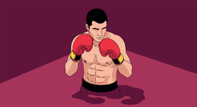 Boxer in fighting stance with gloves on dark background