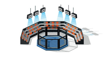 Fototapeta premium Modern isometric mma cage arena with overhead lighting and spectator stands